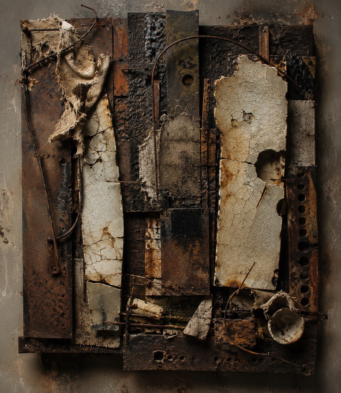 A distressed mixed-media artwork made from corroded metal, cracked ceramic, torn cloth, and wire.